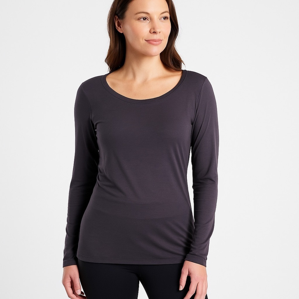 Athleta Long Sleeve Scoop Neck Layering Top Performance Stretch Purple Gray Med